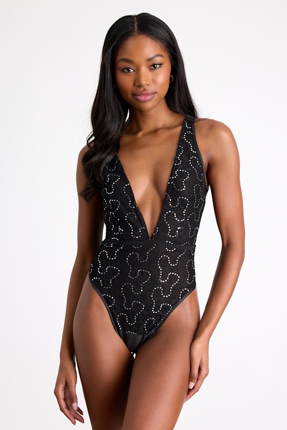 Lumini Black Lace Rhinestone Sleeveless Plunge Bodysuit 2