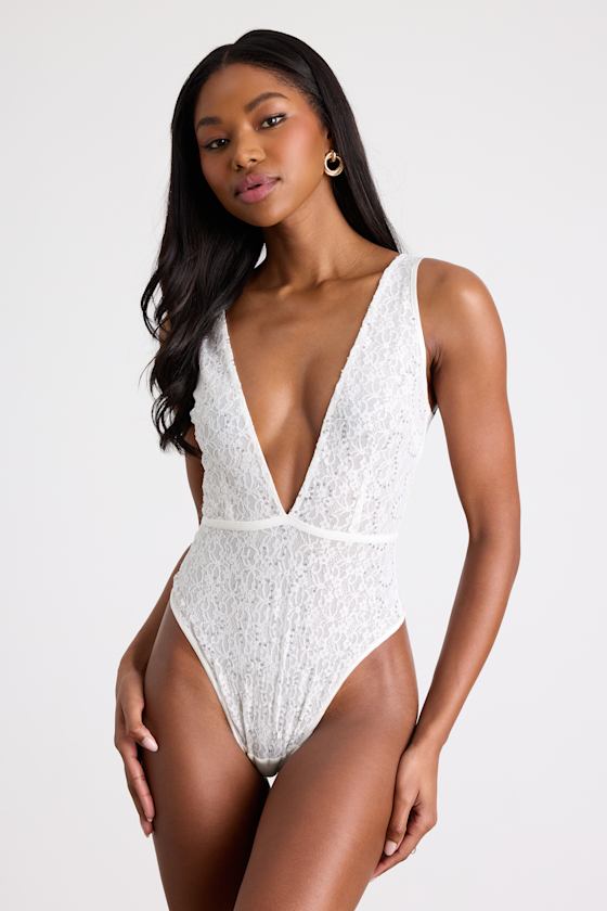 Lumini White Lace Rhinestone Sleeveless Plunge Bodysuit 1