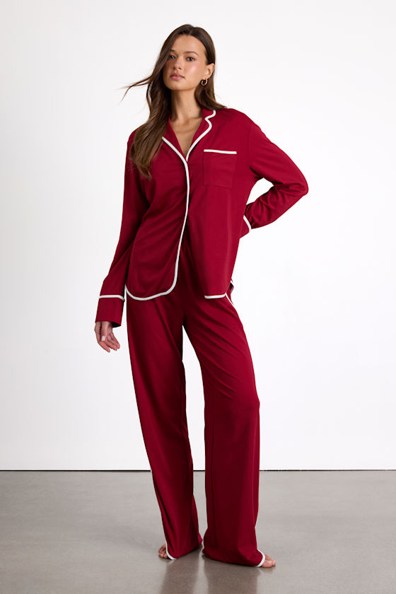 Surina Burgundy and White Long Sleeve Two-Piece Pajama Set 1
