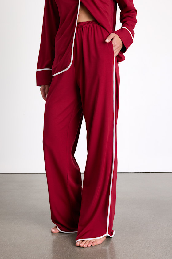 Burgundy Pajamas - 2PC Pajama Set - Button-Front Pajama Set - Image 3