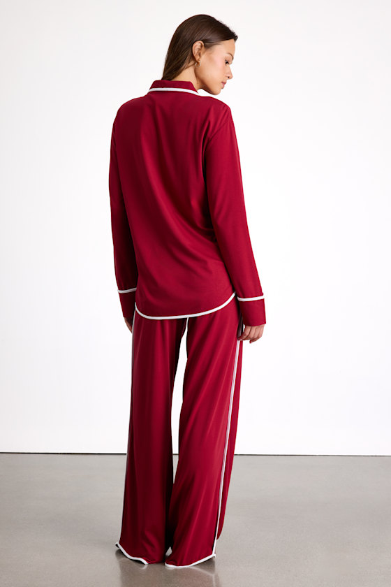 Burgundy Pajamas - 2PC Pajama Set - Button-Front Pajama Set - Image 4