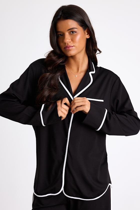Black & White Pajamas - 2PC Pajama Set - Button-Front Pajama Set