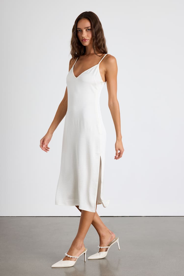 white satin midi slip dress AllSaints Hadley satin midi slip dress in white