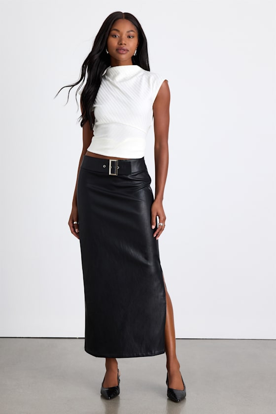 Agnis Black Vegan Leather Belted Column Maxi Skirt 1
