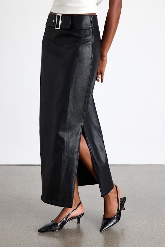 Agnis Black Vegan Leather Belted Column Maxi Skirt 2