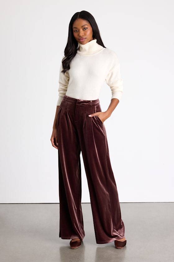 Chic Splendor Dark Mauve Velvet Pleated High-Rise Wide-Leg Pants 2