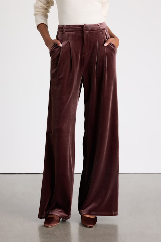 Chic Splendor Dark Mauve Velvet Pleated High-Rise Wide-Leg Pants 3