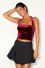 Alixia Wine Red Velvet Halter Crop Top 1