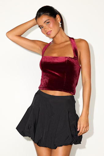 Alixia Wine Red Velvet Halter Crop Top 1