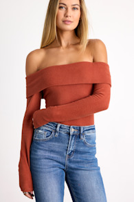 Sabriel Rust Orange Off-the-Shoulder Long Sleeve Top 1