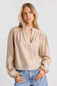 Zhena Beige Gathered Balloon Sleeve Top 1