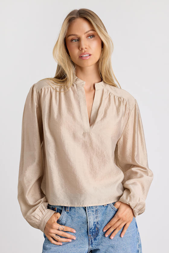 Zhena Beige Gathered Balloon Sleeve Top 1