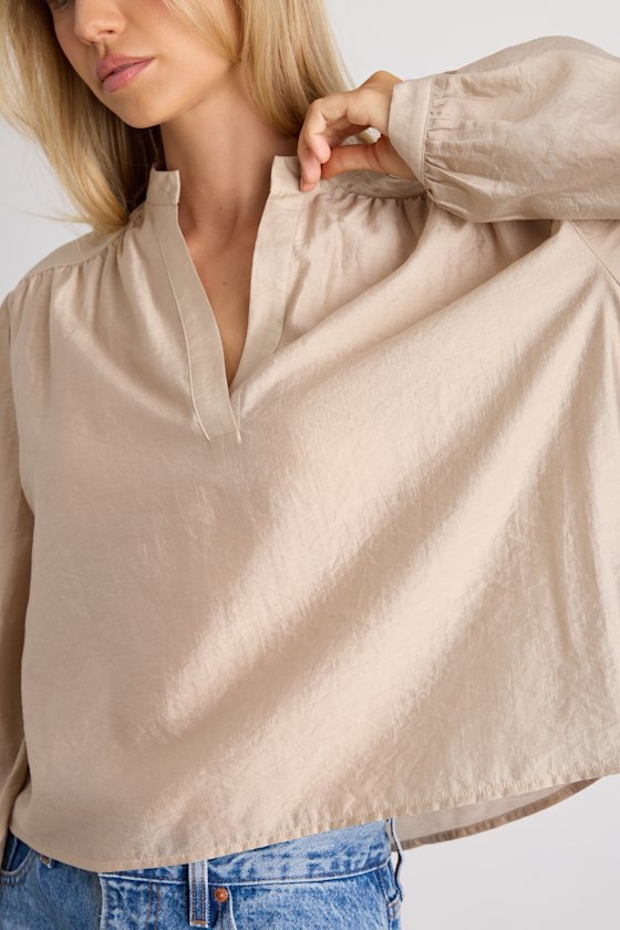 Zhena Beige Gathered Balloon Sleeve Top 2