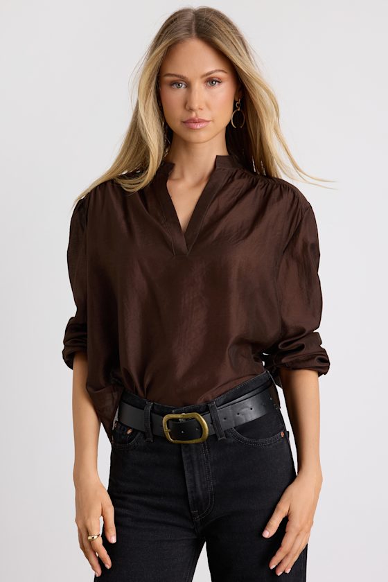 Zhena Dark Brown Gathered Balloon Sleeve Top 1