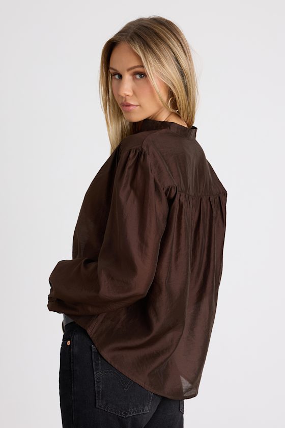 Zhena Dark Brown Gathered Balloon Sleeve Top 3