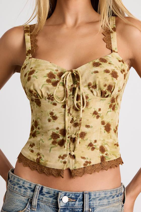 Light Green Floral Top - Crochet Lace Trim Top - Button-Front Top Light Green Floral Top - Crochet Lace Trim Top - Button-Front Top