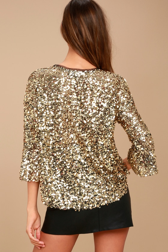 Stunning Gold Top - Sequin Top - Three-Quarter Sleeve Top