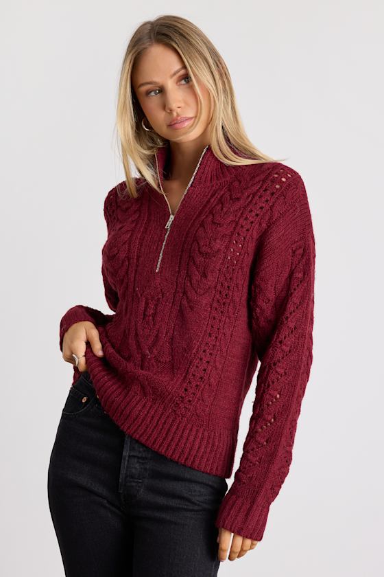 Stylish Forecast Red Cable Knit Quarter-Zip Pullover Sweater 1