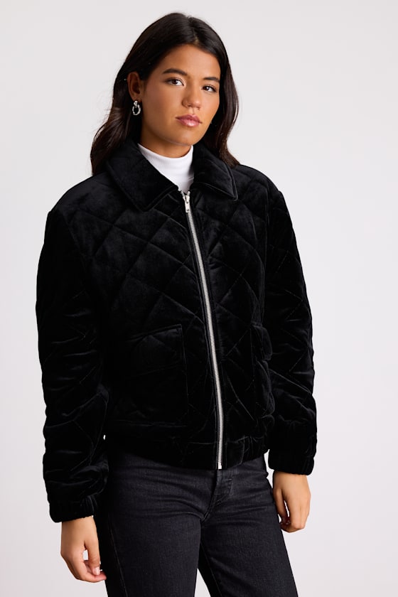 Black Velvet Bomber Jacket - Quilted Jacket - Zip-Front Jacket - Lulus