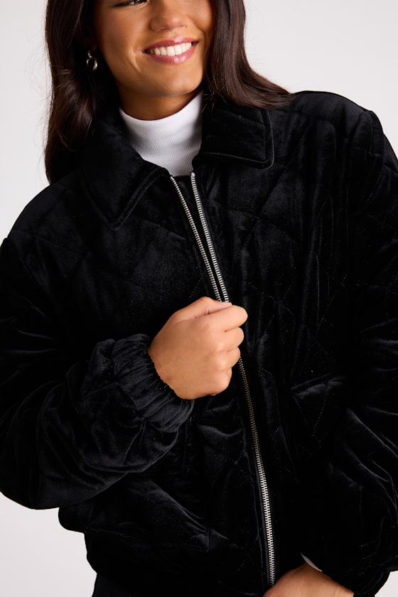 Fayda Black Velvet Quilted Collared Bomber Jacket 2