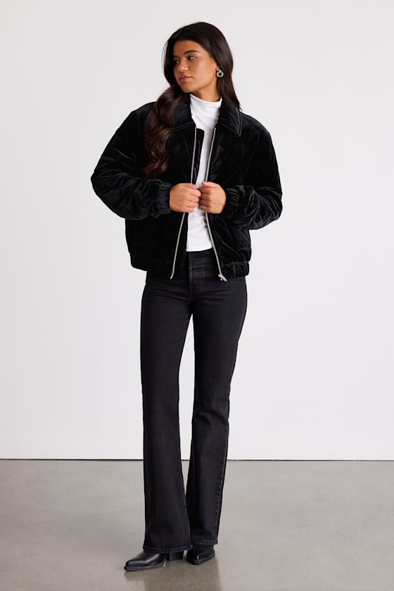 Black Velvet Bomber Jacket - Quilted Jacket - Zip-Front Jacket - Lulus