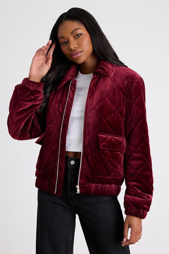 Burgundy Velvet Bomber Jacket - Quilted Jacket - Zip-Front Jacket