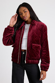 Fayda Burgundy Velvet Quilted Collared Bomber Jacket 1