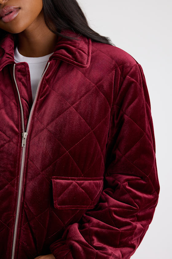Fayda Burgundy Velvet Quilted Collared Bomber Jacket 2