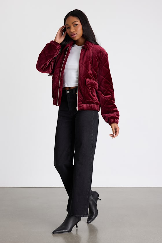 Burgundy Velvet Bomber Jacket - Quilted Jacket - Zip-Front Jacket