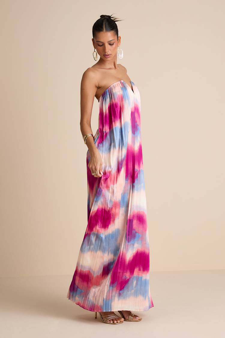 Celandine Multi Abstract Pleated Strapless Swing Maxi Dress
