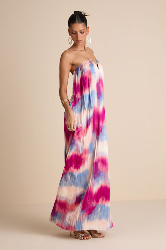 Celandine Multi Abstract Pleated Strapless Swing Maxi Dress 1