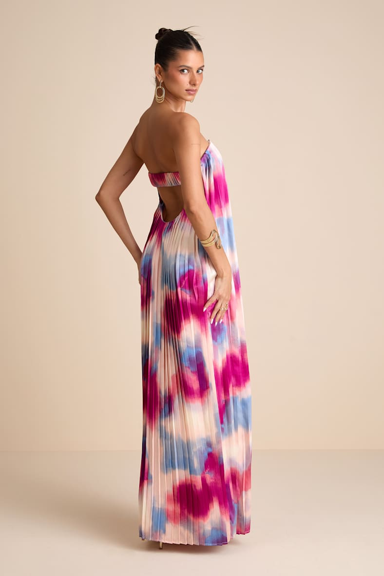 Celandine Multi Abstract Pleated Strapless Swing Maxi Dress