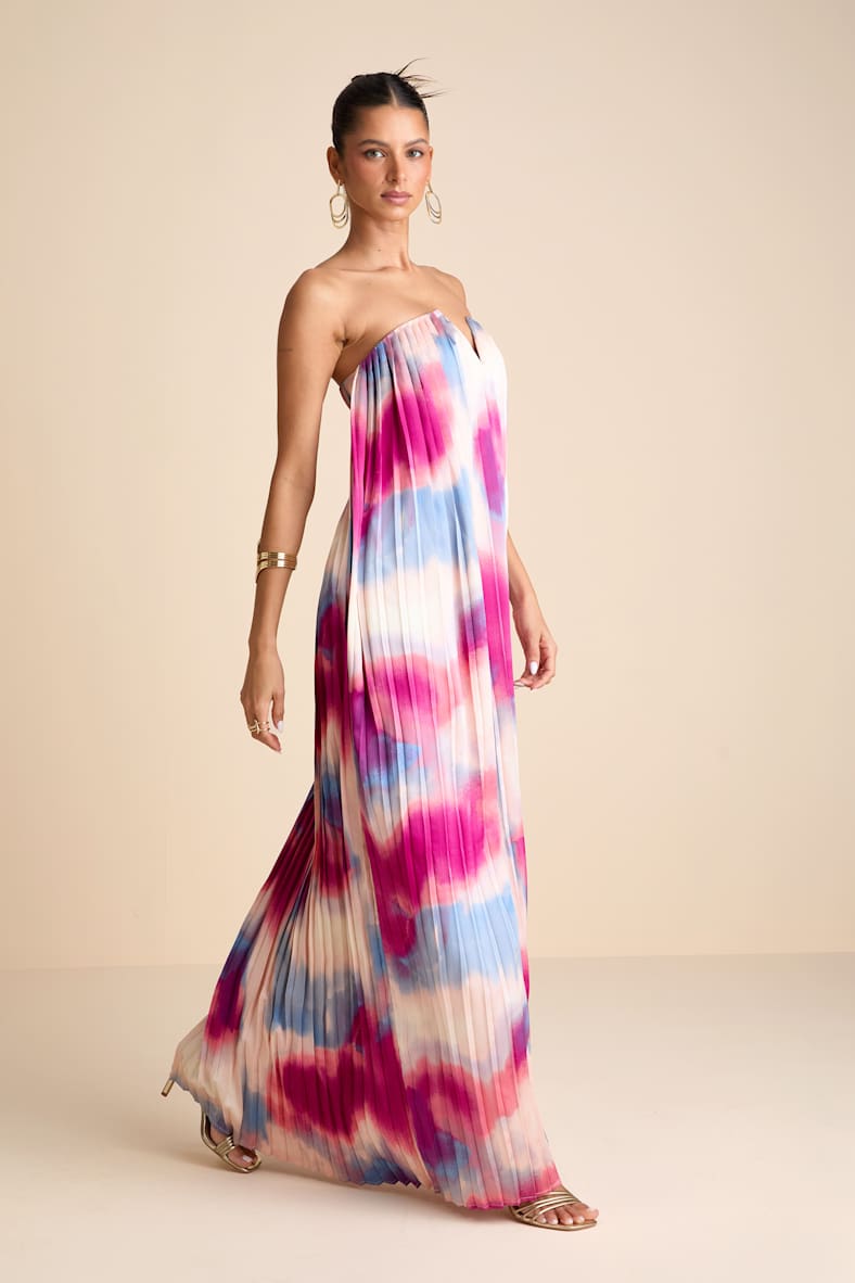 Celandine Teal Green Pleated Strapless Swing Maxi Dress