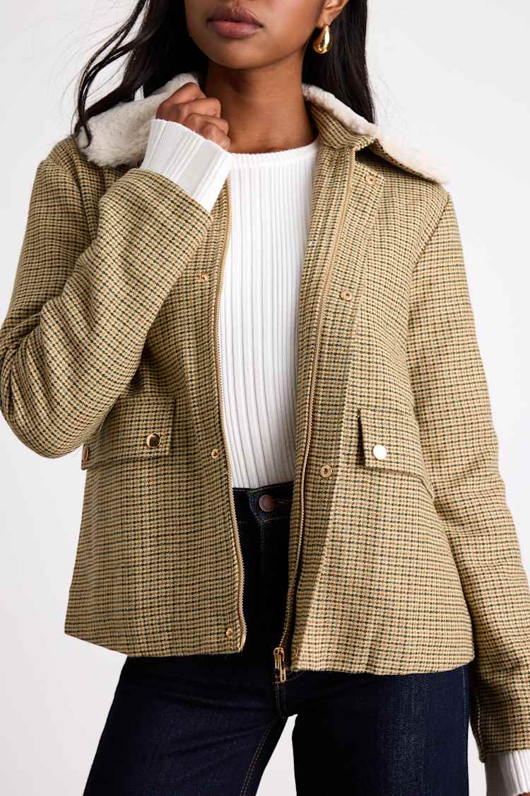 Bertie Beige Plaid Tweed Faux Fur Collar Jacket