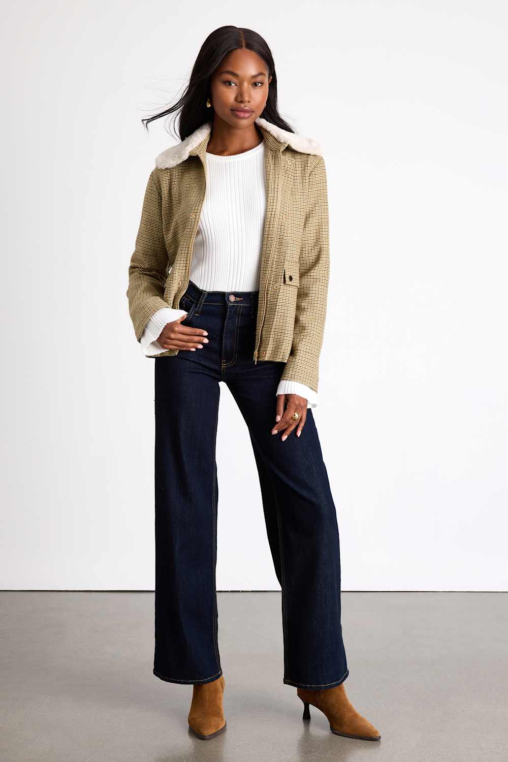 Bertie Beige Plaid Tweed Faux Fur Collar Jacket