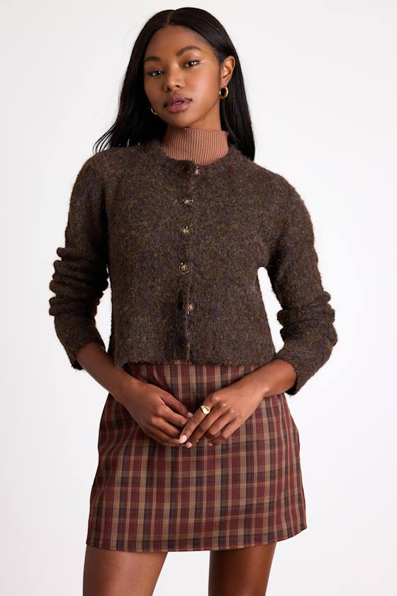 Lovette Dark Brown Boucle Button-Front Cropped Cardigan Sweater 1