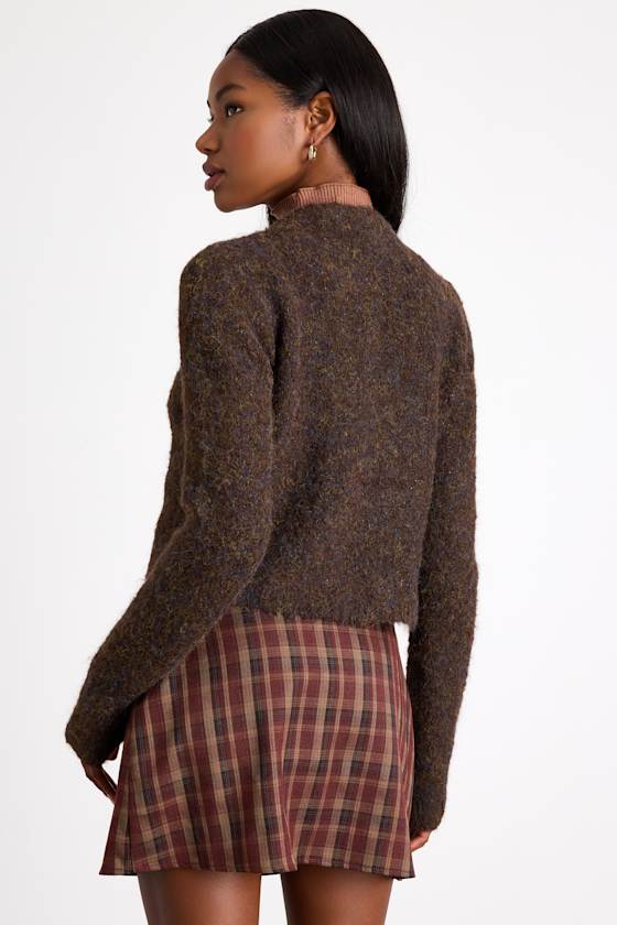 Lovette Dark Brown Boucle Button-Front Cropped Cardigan Sweater 2