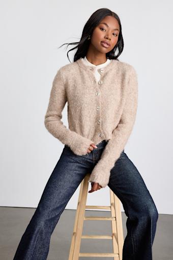 Lovette Beige Boucle Button-Front Cropped Cardigan Sweater 1