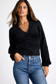 Colby Black Eyelash Knit Button-Front Cardigan Sweater 1