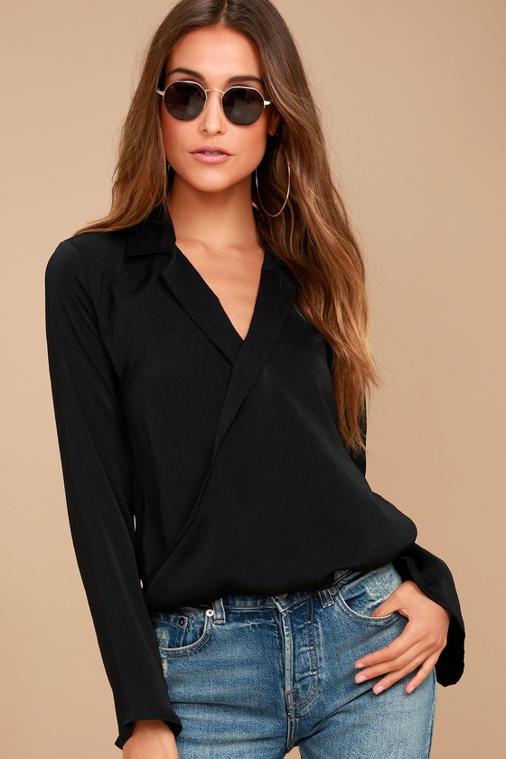 Chic Bell Sleeve Top - Black Satin Top - Collared Shirt - Lulus