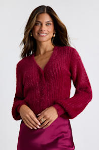 Colby Dark Red Eyelash Knit Button-Front Cardigan Sweater 1