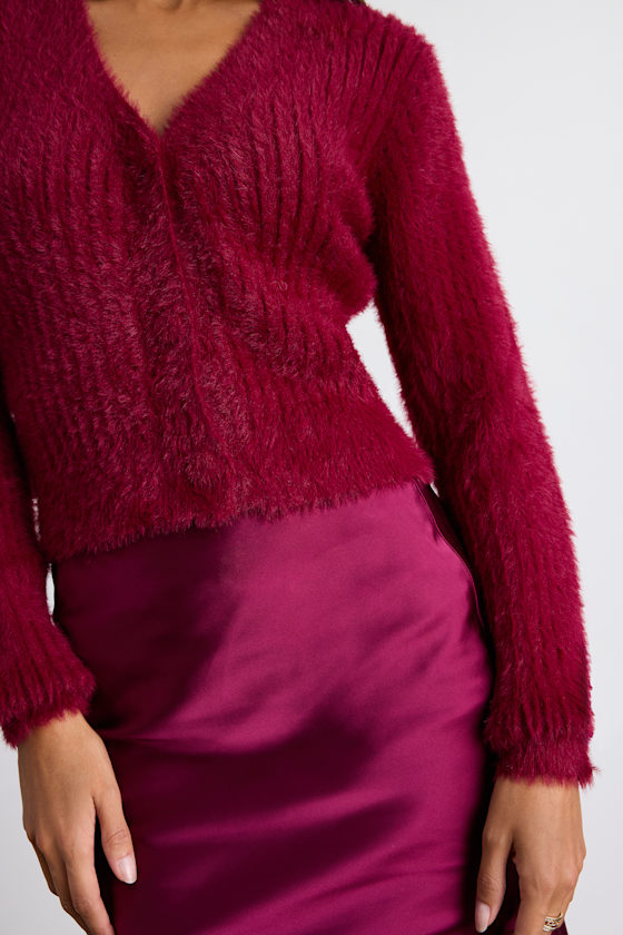 Colby Dark Red Eyelash Knit Button-Front Cardigan Sweater 2