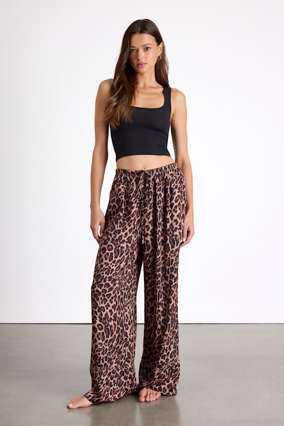 Kashley Brown Leopard Print Mid-Rise Wide-Leg Pants