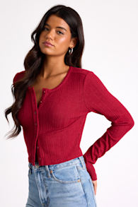 Lynnlee Red Pointelle Knit Button-Front Crop Top 1