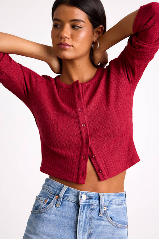 Lynnlee Red Pointelle Knit Button-Front Crop Top 2