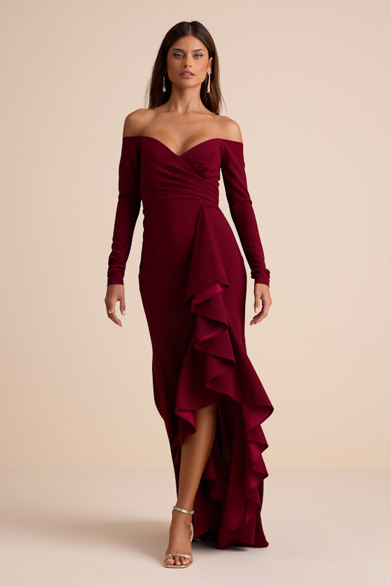 Image of Notorious Perfection Wine Off-the-Shoulder Ruffled Maxi Dress
