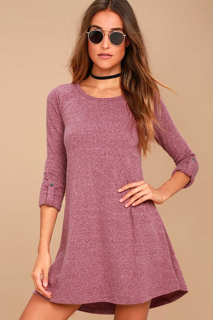 Cute Washed Burgundy Dress - Long Sleeve Dress - Swing Dress - Lulus