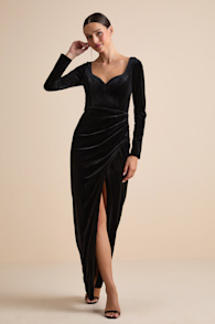 Forever Sensational Black Velvet Long Sleeve Maxi Dress 1