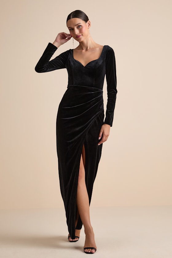 Forever Sensational Black Velvet Long Sleeve Maxi Dress 1