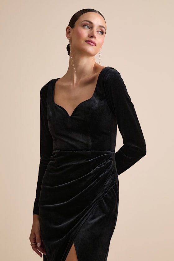 Forever Sensational Black Velvet Long Sleeve Maxi Dress